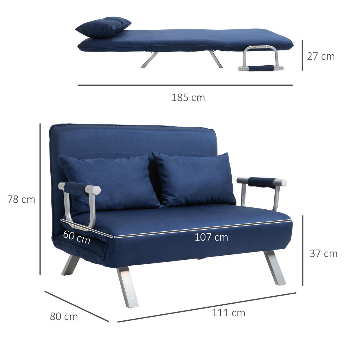 2-SITZER Sofa mit Schlaffunktion, Schlafsofa mit Verstellbarer Rückenlehne, Blau - Blau/Silberfarben, Textil/Metall (80/78/111cm) - HOMCOM
