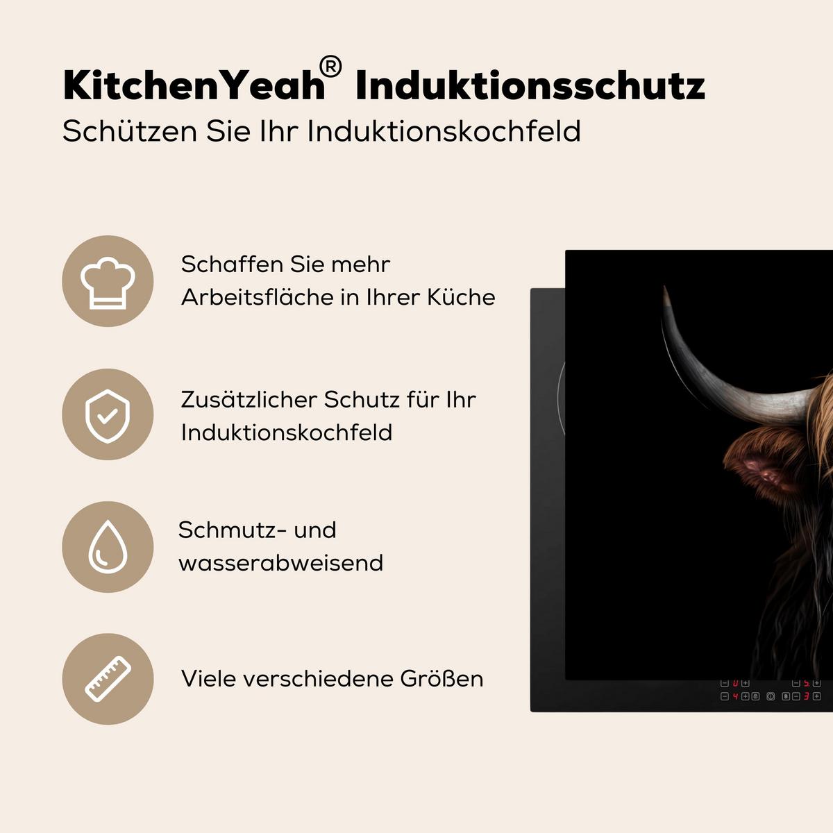 HERDABDECKPLATTE Schottischer Highlander - Porträt - Schwarz - Tier Ceranfeldabdeckung 85x52 cm - Braun, Kunststoff (85/52/0.2cm) - MuchoWow