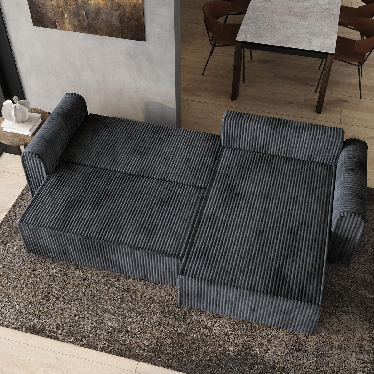 ECKSOFA VALTINO Graphitfarben Kordstoff mit Schlaffunktion - Graphitfarben, Holz (275/148cm) - MASSENO