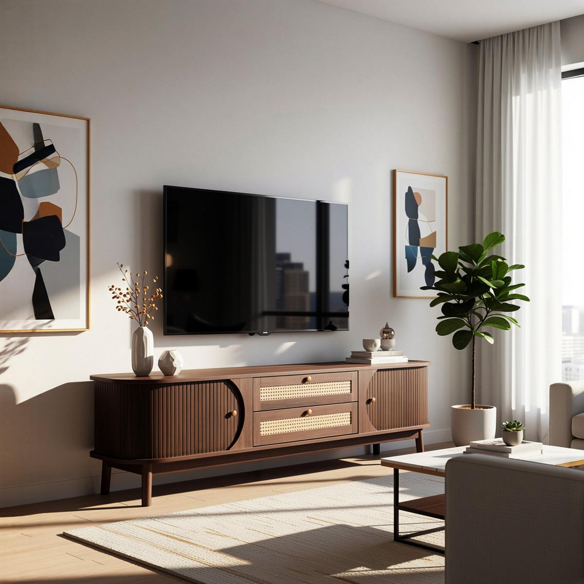 TV-SCHRANK Landhausstil Rattan-Front & Holztüren - Weiß, Naturmaterialen/Holzwerkstoff (170/46/40cm) - Urban Meuble