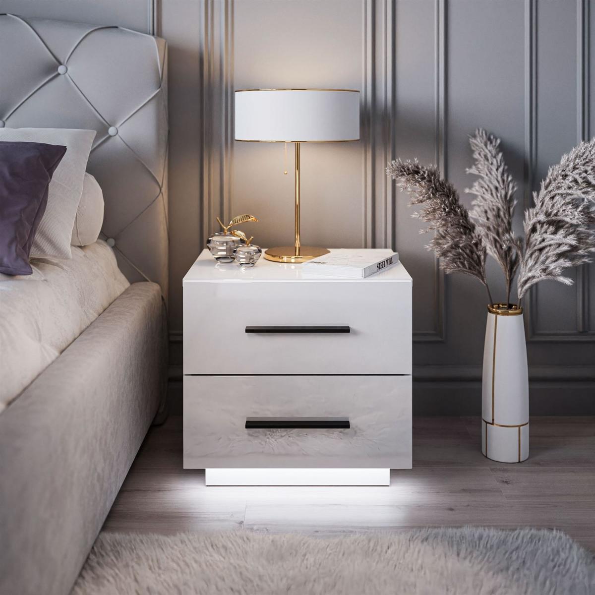 NACHTTISCH LINA LUX mit Griffen und Hochglanzplatte, LED – Griffe: Schwarz - Weiß, Holzwerkstoff (45/48/38.5cm) - Lookway