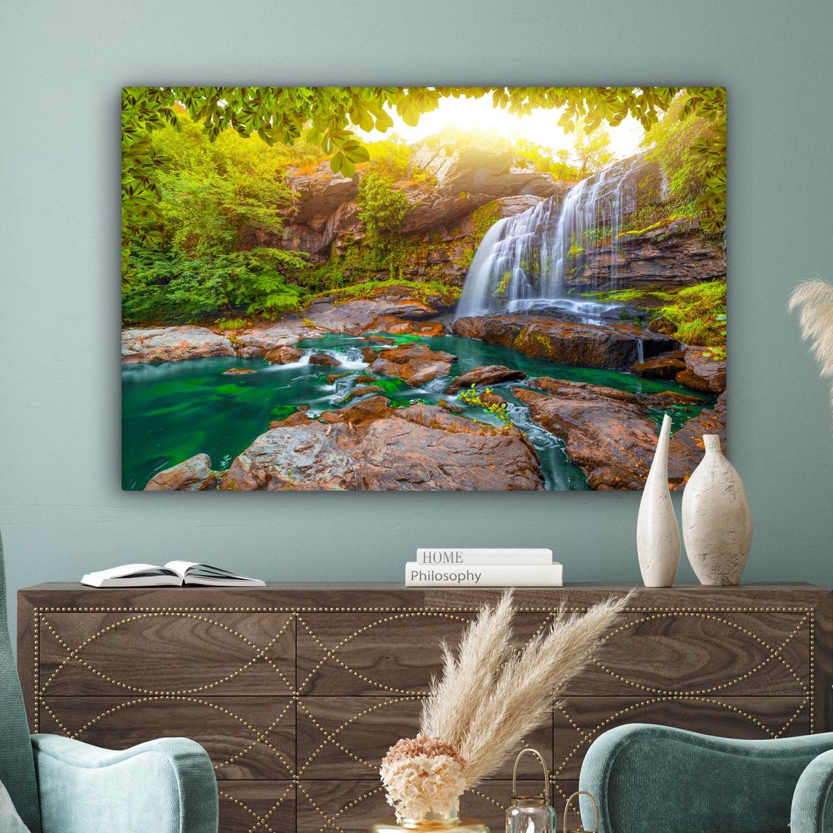 LEINWANDBILD Natur - Wasserfall - Pflanzen - Bäume - Sonne Groß 140x90 cm - Olivgrün, Textil (140/90cm) - MuchoWow