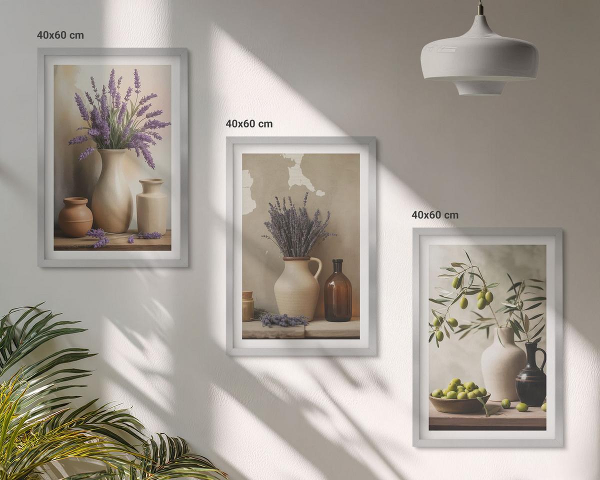BILDER SET 3er Set - 40x60 cm Silberner Rahmen - Blumen in Vasen, Oliven, Dekorationen - Silberfarben, Kunststoff (40/60cm) - TULUP
