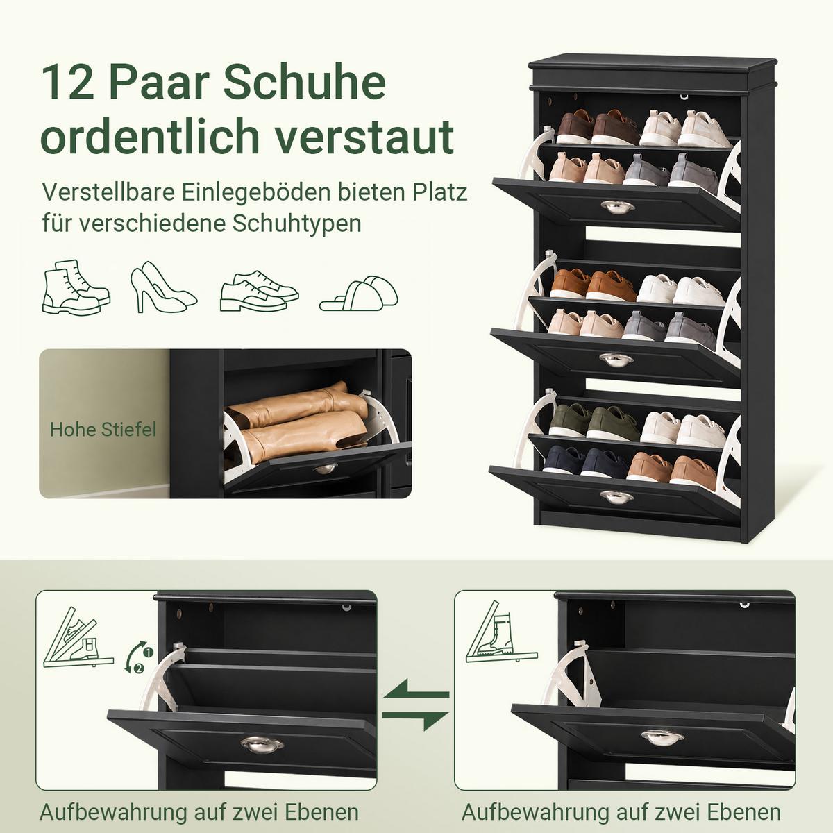 SCHUHSCHRANK Schwarz, 48 x 117 x 24 cm, 3 Klappen, bis 12 Paar Schuhe, Einlegeböden 2-stufig verstellbar, für schmale Flure - Schwarz, Holzwerkstoff (53/117/24cm) - SoBuy