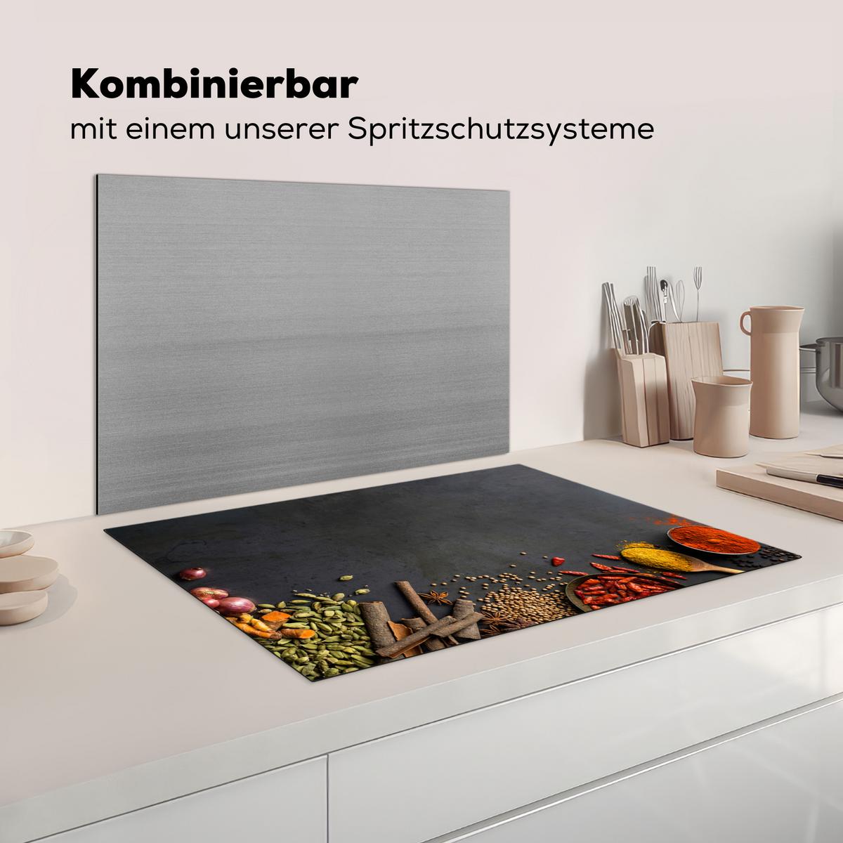 HERDABDECKPLATTE Kräuter - Lebensmittel - Gewürze - Schwarz - Paprika - Zimt Ceranfeldabdeckung 76x51.5 cm - Currygelb, Kunststoff (76/51.5/0.2cm) - MuchoWow