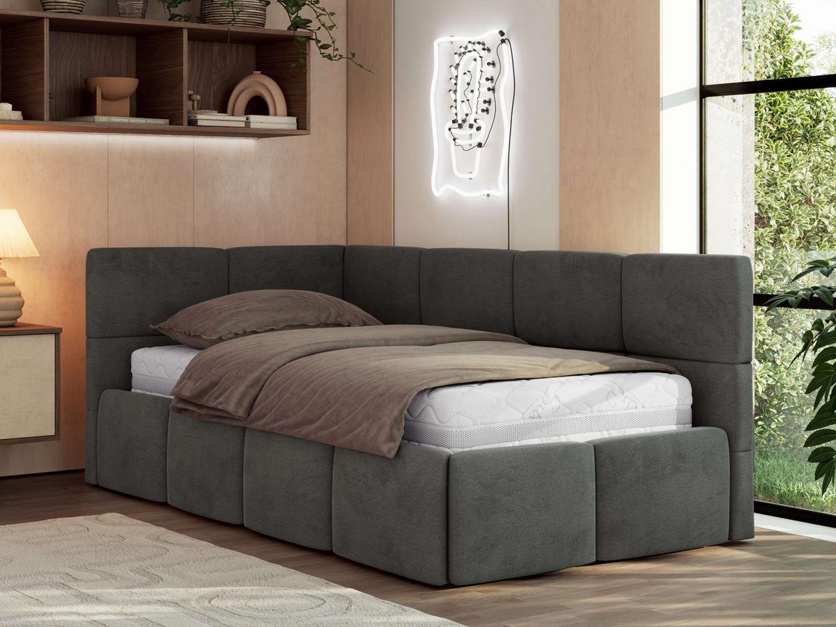 JUGENDBETT ARVO 90/200 - Dunkelgrau Velvet - Multipocket-Matratze - Links Seite - Dunkelgrau, Textil (90/200cm) - MKS