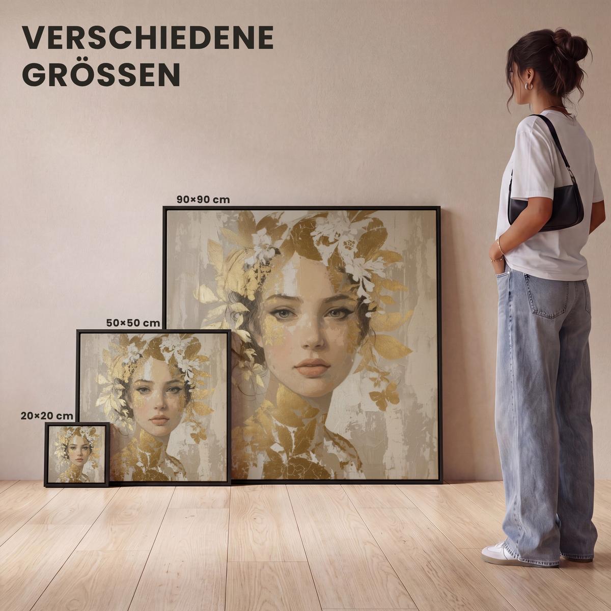 LEINWAND Bilder mit Rahmen - Gesicht - Frau - Blätter - Gold - 90x90 - Beige, Textil (90/90cm) - MuchoWow