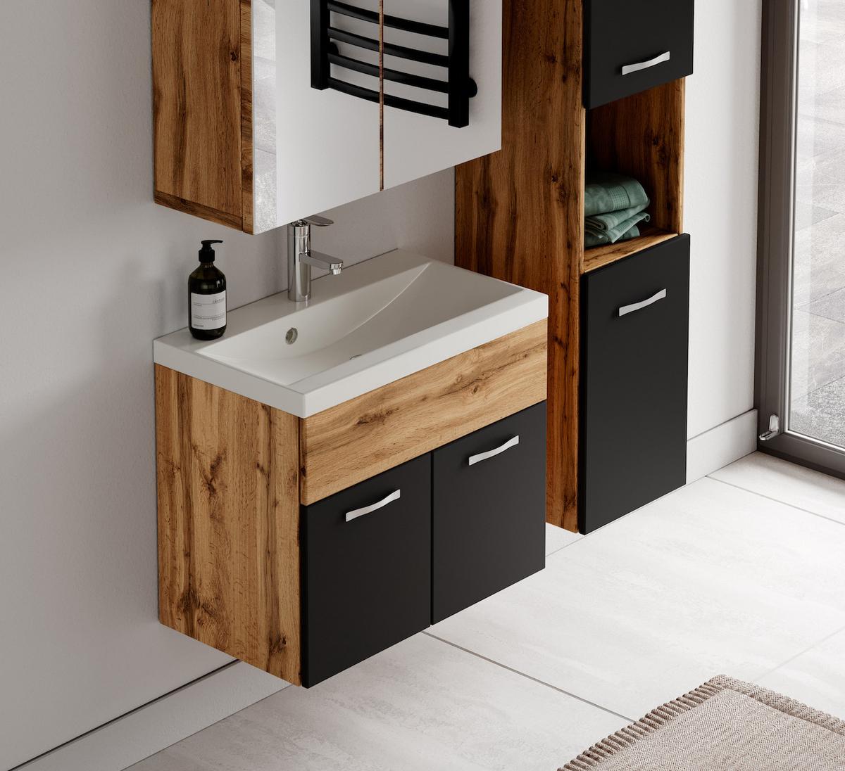 BADMÖBEL-SET Montreal 4 Teile Eiche / Schwarz Spiegelschrank - 60 x 35 x 51 cm - Eichefarben/Schwarz, Holz (60/51/35cm) - Badplaats