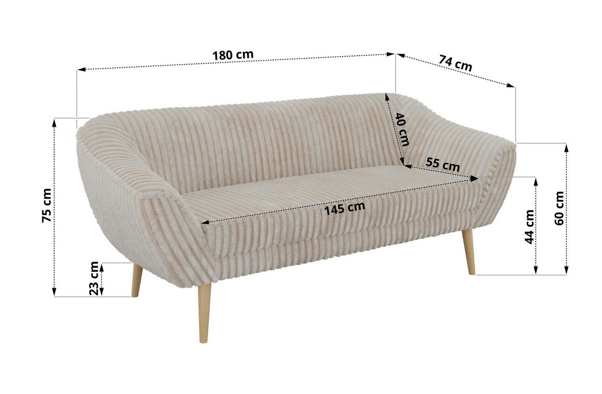 3-SITZER-SOFA PIRS - Beige Cord - Holzbeine - Beige/Buchefarben, Holzwerkstoff/Textil (180/75/74cm) - MKS