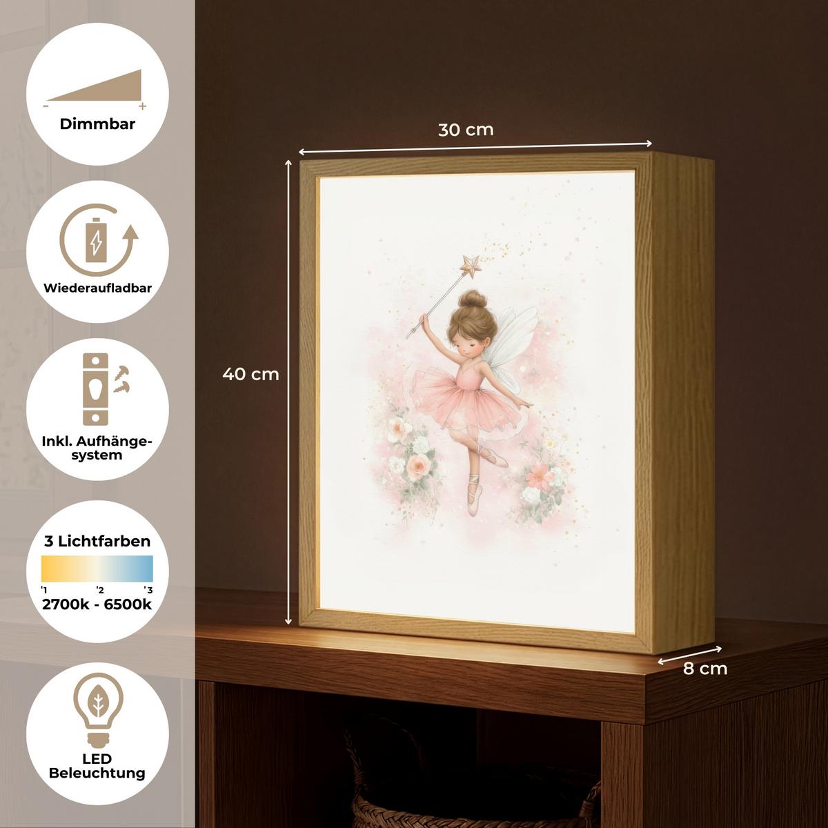 NACHTTISCHLAMPE MIT AKKU Ballerina - Fee - Blumen - Rosa 30x40 cm - Rosa, Holzwerkstoff (8/30/40cm) - OnlyWow