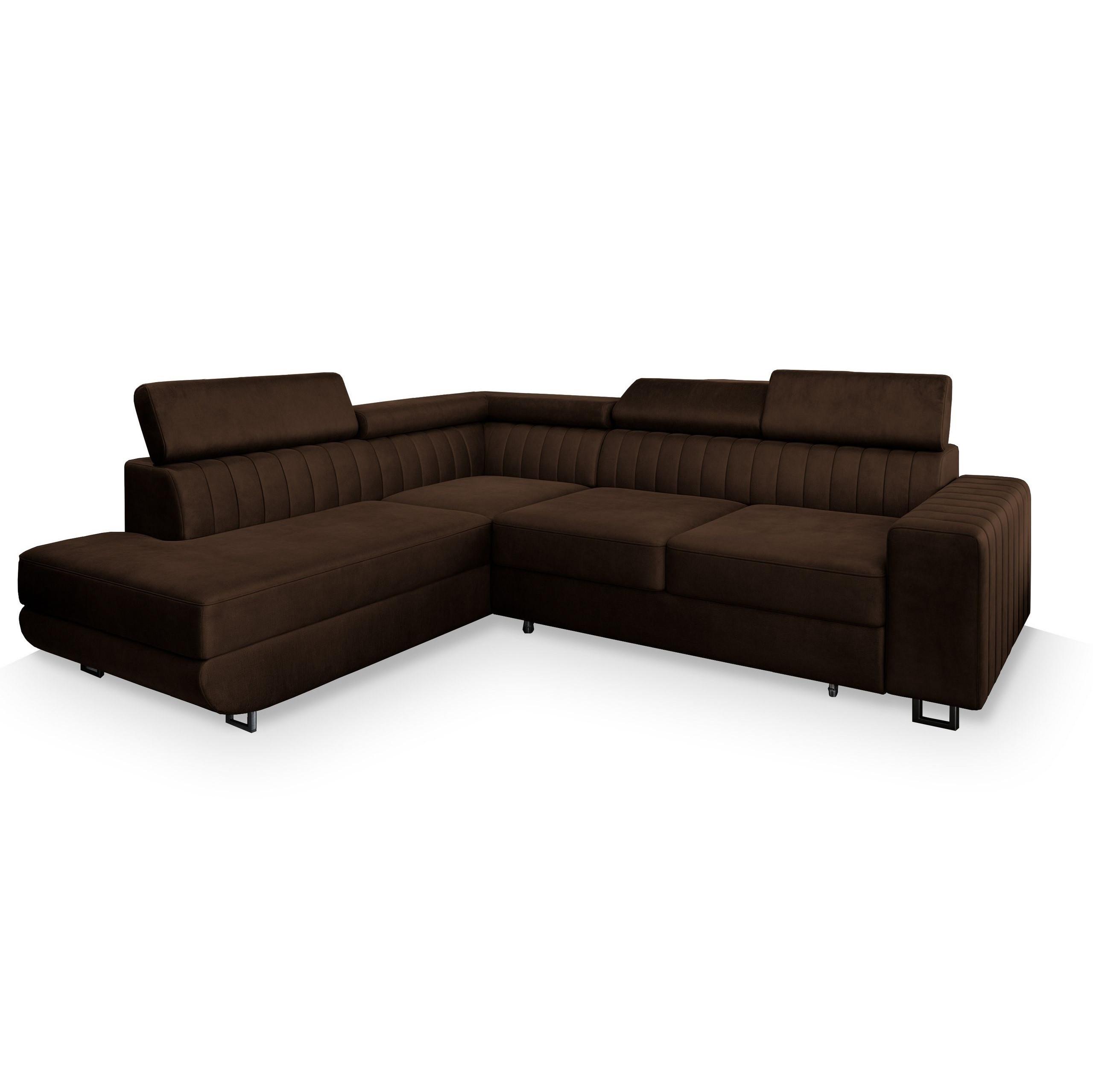 ECKSOFA NOLA L-S Braun Velours-Stoff mit Schlaffunktion - Silberfarben/Braun, Holz/Textil (253/190cm) - MASSENO