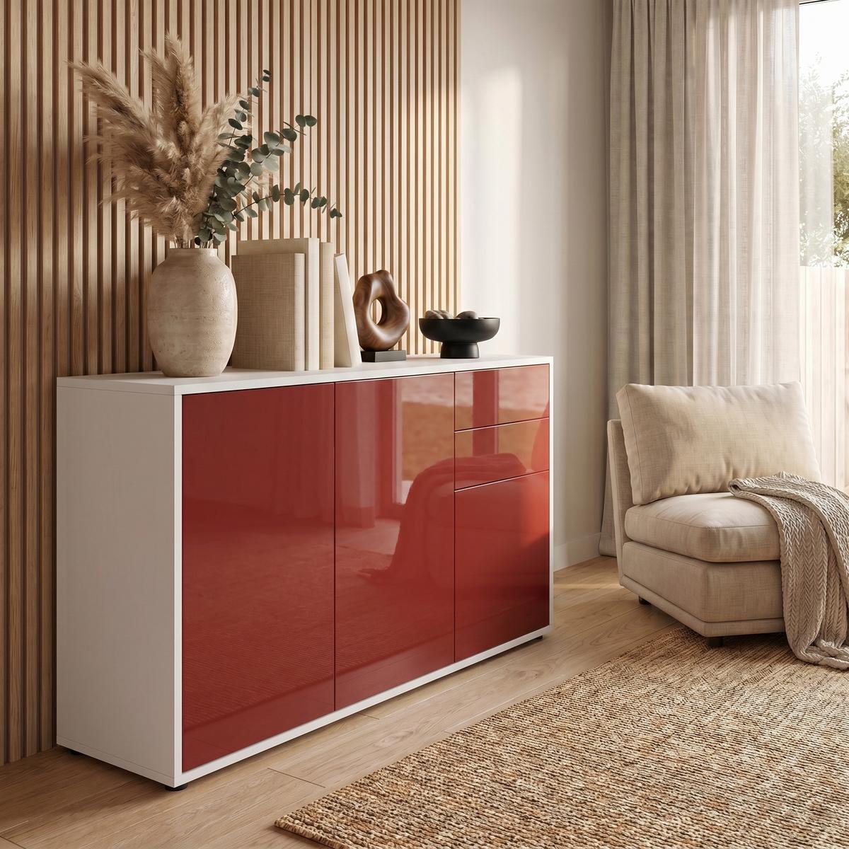 KOMMODE Ben Front in Bordeaux Hochglanz - Bordeaux, Holzwerkstoff (117/74/36cm) - Vladon