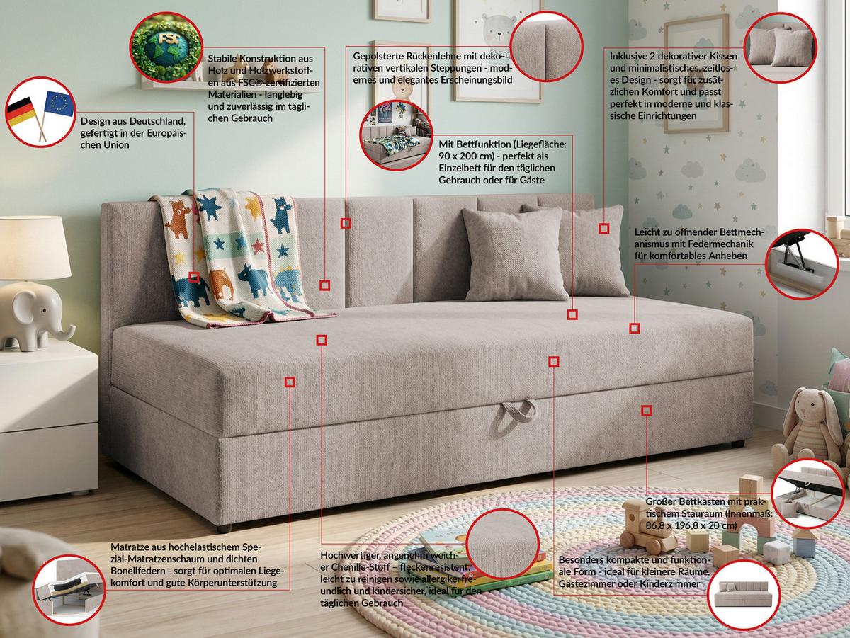 TAGESBETT Lenny mit Rückenlehne und großem Bettkasten aus Taupe Chenille-Stoff - Taupe/Schwarz, Holz/Kunststoff (90/200cm) - S-Style Möbel