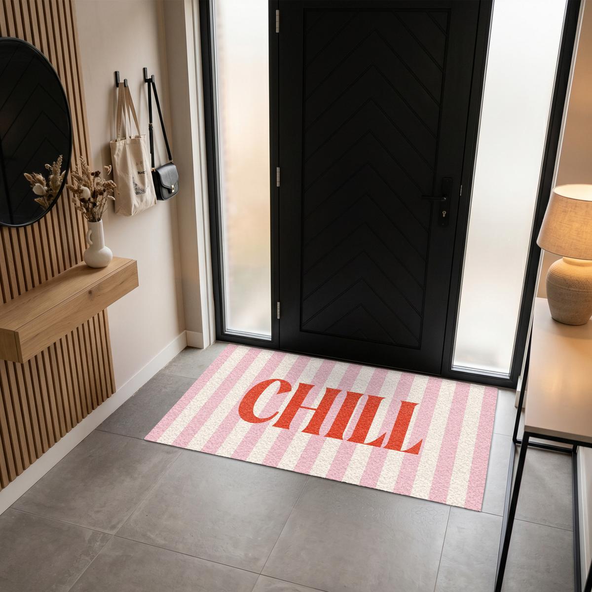 FUSSMATTE Zartrosa – Rot – Streifen – Chill 150x90 cm - Rosa, Kunststoff (150/0.4cm) - MuchoWow