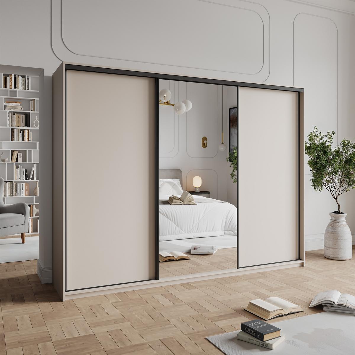 SCHWEBETÜRENSCHRANK TAVI 250/205/60 cm 3-türig mit Spiegel und Schubladen Kaschmir - Kaschmir/Schwarz, Holzwerkstoff (250/205/60cm) - MASSENO