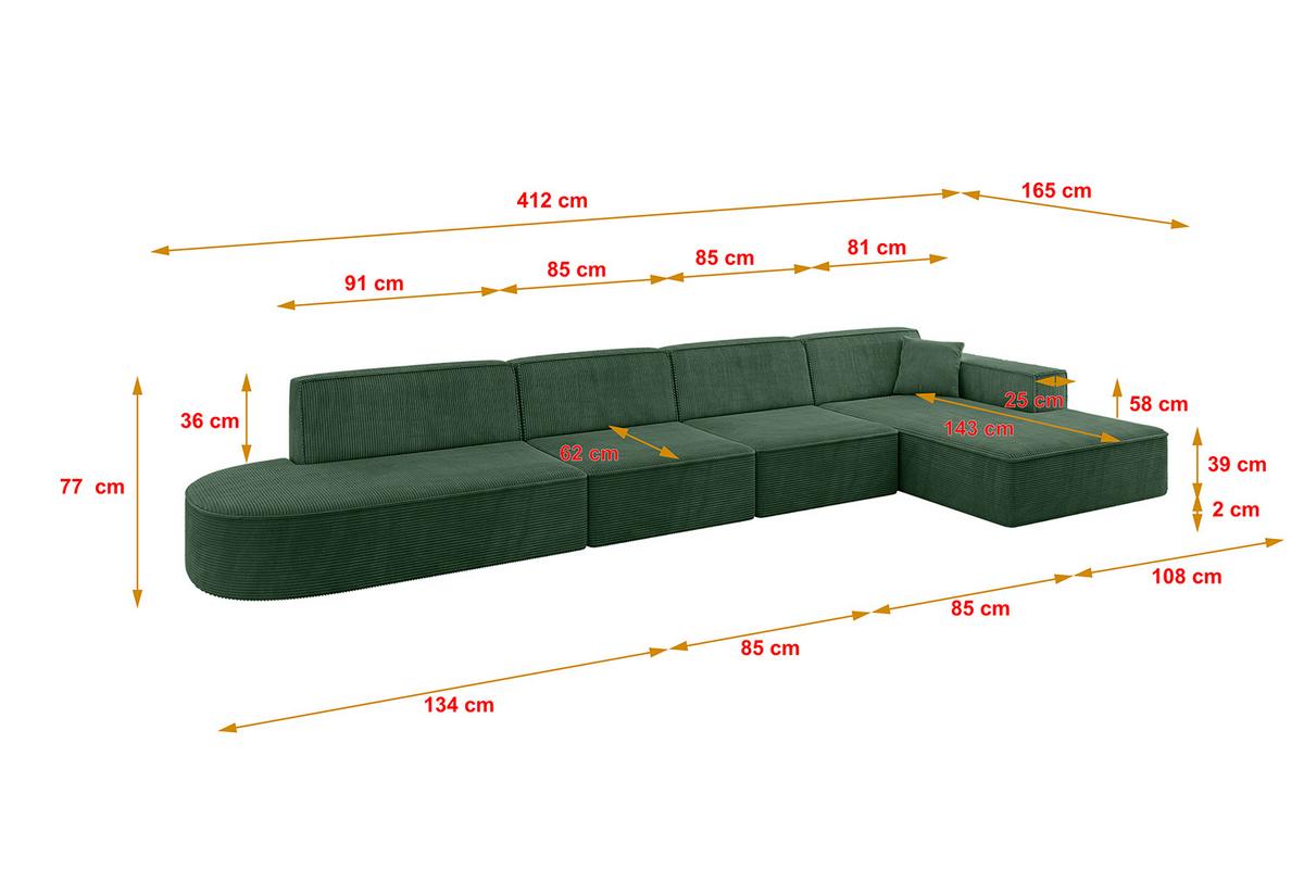 ECKSOFA Ottomane Rechts IREA-L3-v4 - 412x165x77 cm Grün - Currygelb, Holzwerkstoff/Textil (412/165cm) - ALTDECOR