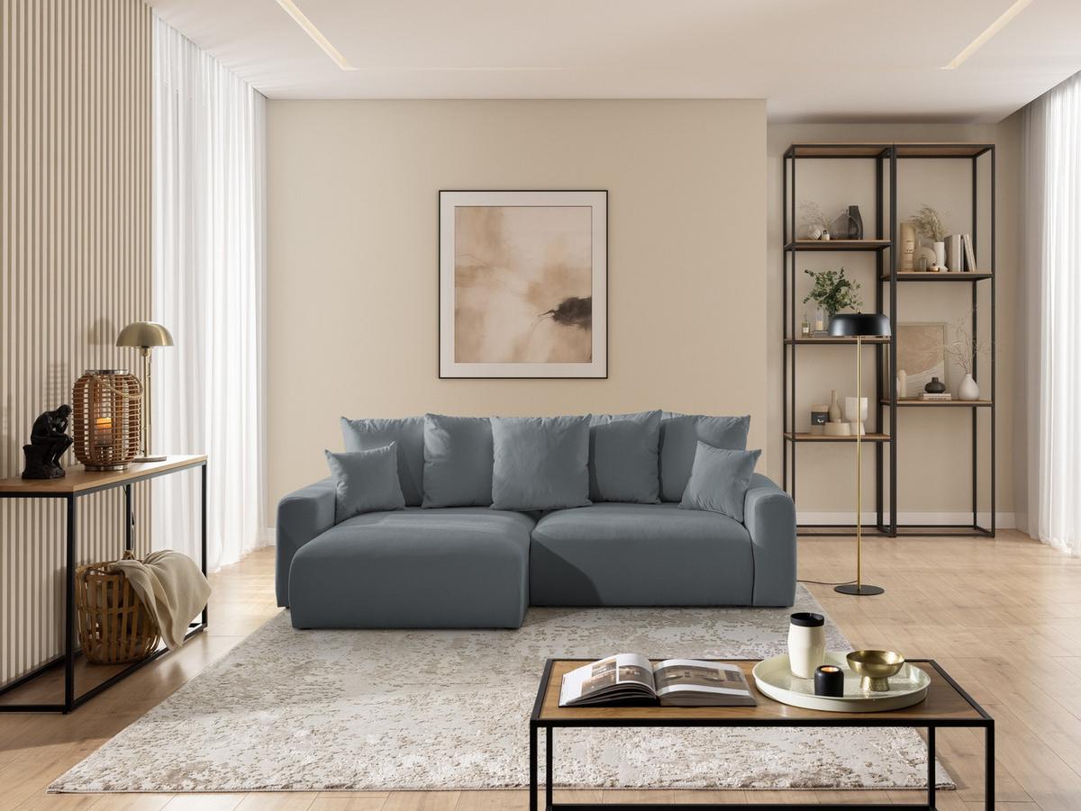 ECKSOFA Calma mit Schlaffunktion und Bettkasten im Bumpy-Design aus weichem Dunkelgrau Webstoff - Ottomane links - Dunkelgrau/Schwarz, Holz/Kunststoff (239/140cm) - S-Style