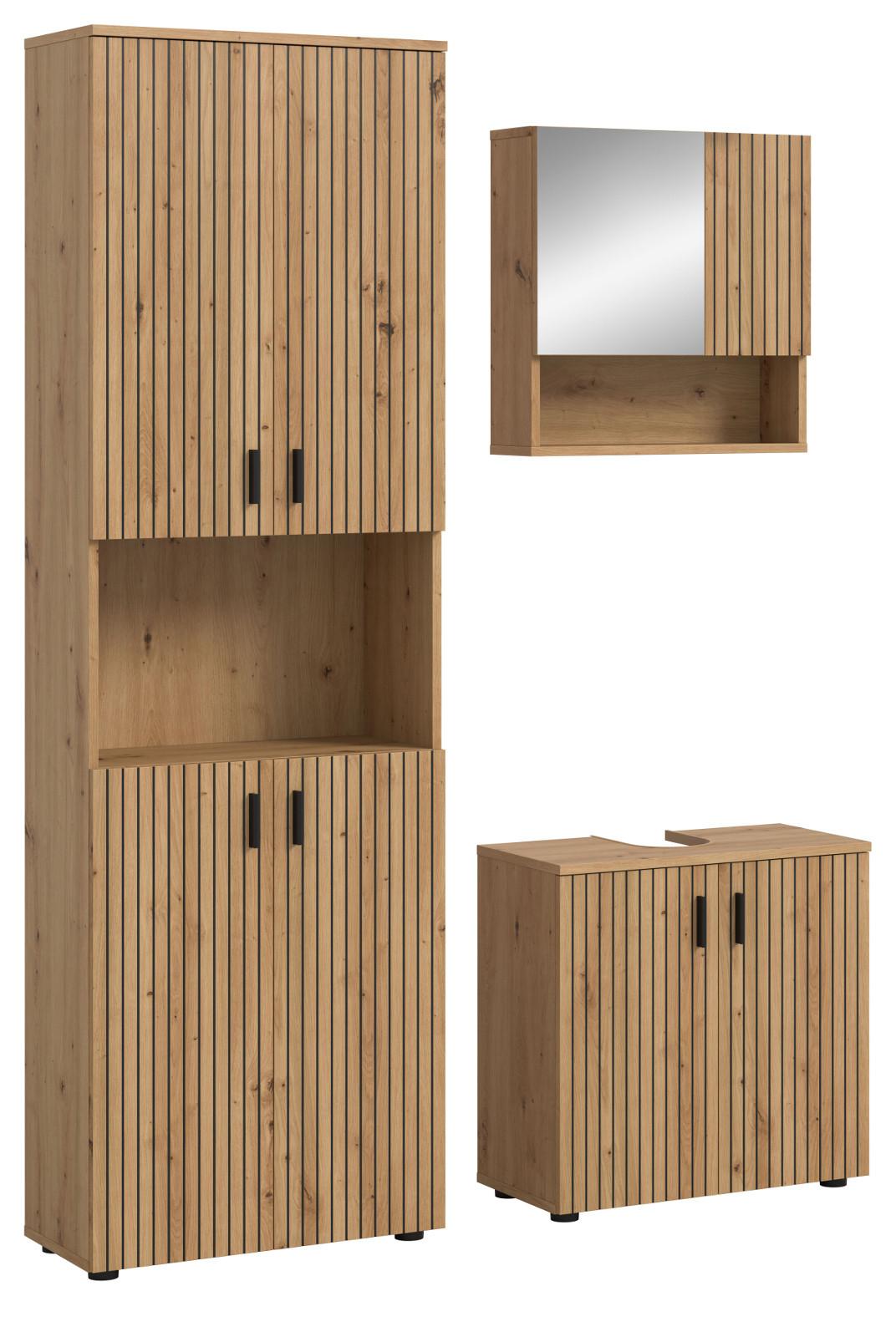 BADMÖBEL-SET Eiche 3-teilig 135 cm, Badezimmereinrichtung mit Rillen-Optik - Schwarz/Eiche Artisan, Glas/Holzwerkstoff (135/192/30cm) - Inn.Furn
