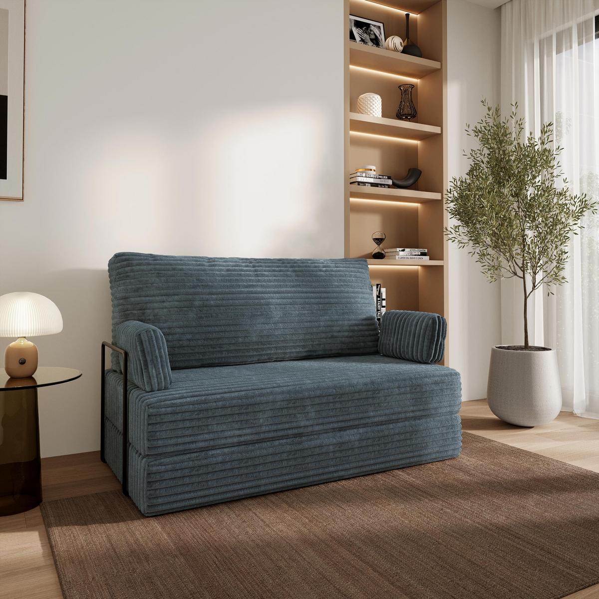 BETTSOFA LADIA aus Schaumstoff Kordstoff Grau Schlaffunktion - Blaugrau, Textil (140/86/60cm) - MASSENO