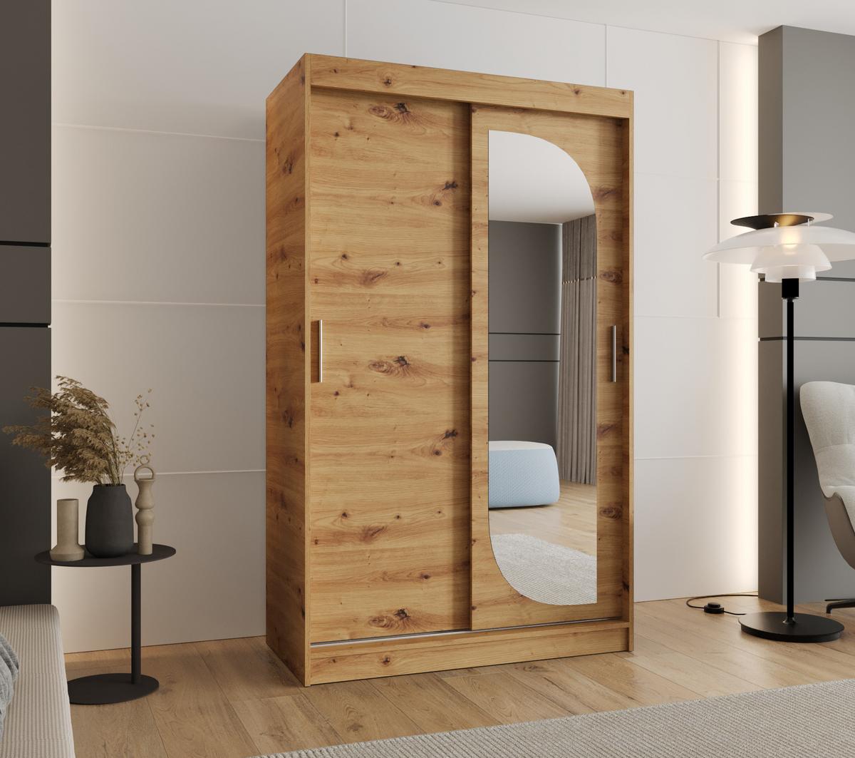 SCHIEBETÜRENSCHRANK mit Spiegel LUCY 200/120/62 2-türig - Silberfarben/Eiche Artisan, Holz (120/200/62cm) - MÖBEL KRYSPOL