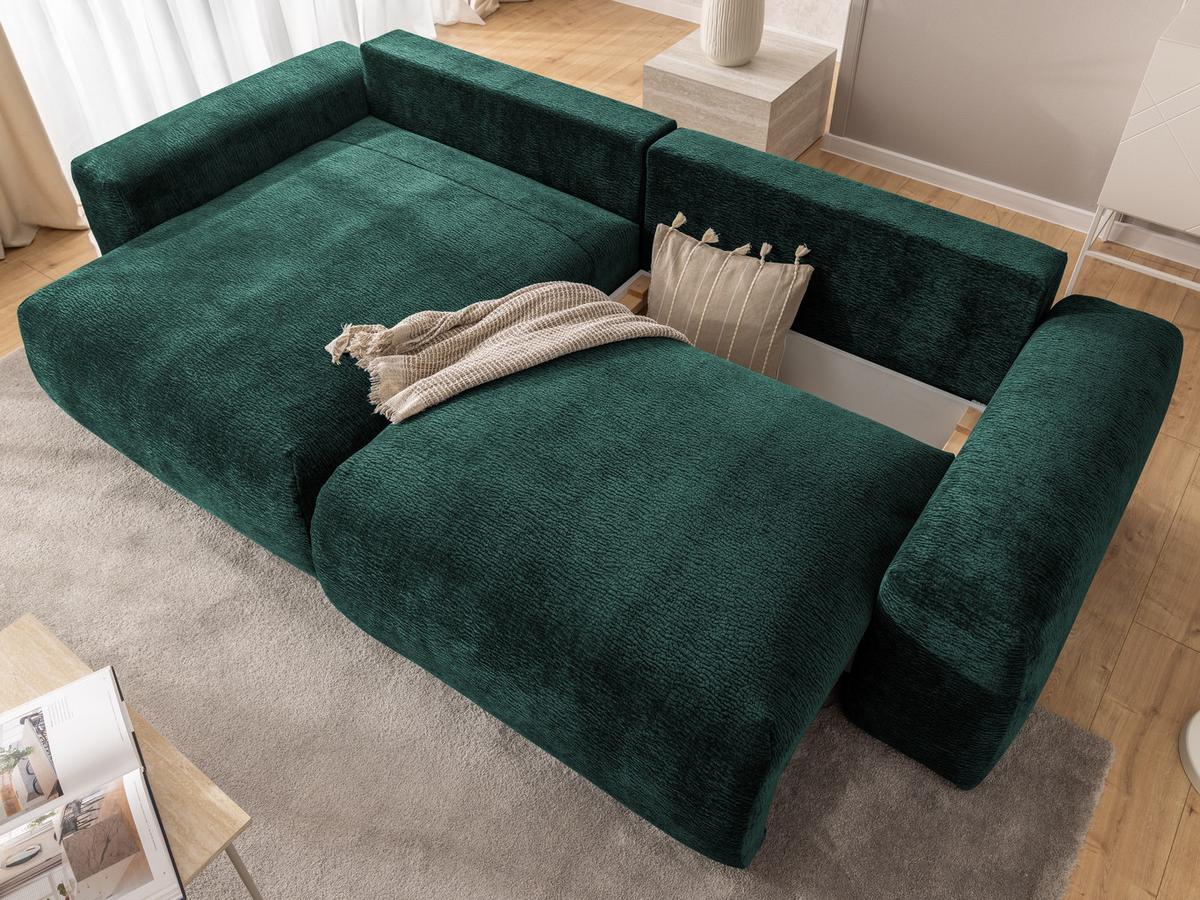 ECKSOFA Puffy mit Schlaffunktion und Bettkasten - besonders weich und puffig aus Grün Stoff mit Chenillestruktur - Ottomane links - Schwarz/Grün, Holz/Kunststoff (138/266cm) - S-Style Möbel