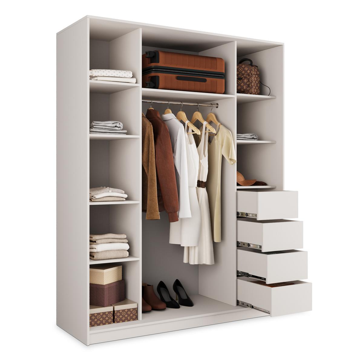 SCHWEBETÜRENSCHRANK PINA 160/205/58 cm 3-türig mit Spiegel und 4 Schubladen Kaschmir - Kaschmir, Holzwerkstoff (160/205/58cm) - MASSENO