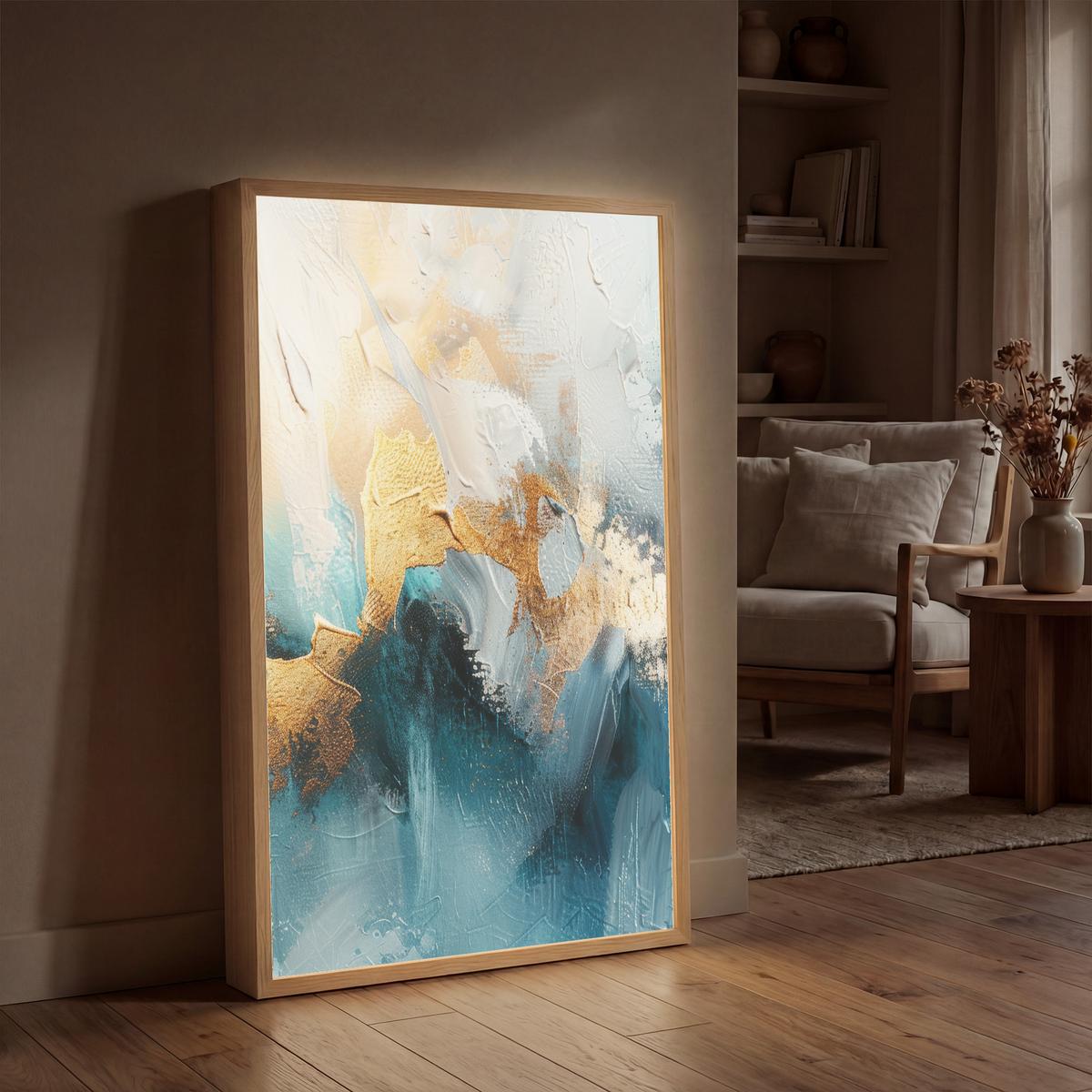 WANDLEUCHTE MIT AKKU Abstrakt - Kunst - Gold - Blau 70x100 cm - Türkis, Holzwerkstoff (70/100/8cm) - OnlyWow