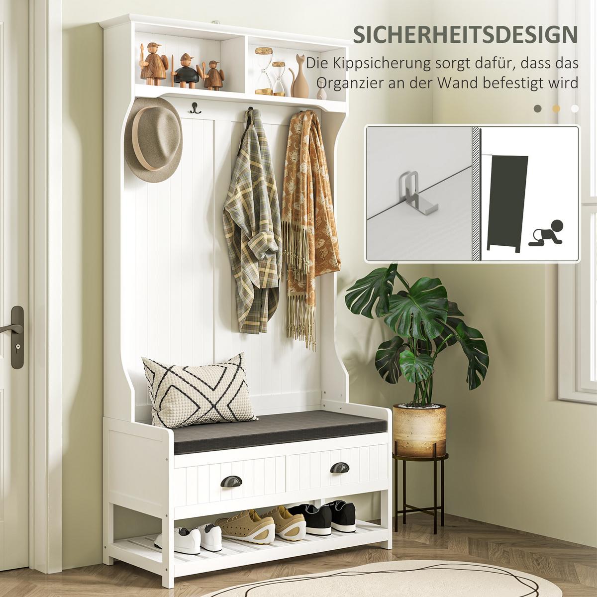 2-IN-1 Garderobenständer, Kleiderständer mit 4 Haken, Garderobe mit Schuhbank - Weiß/Grau, Holzwerkstoff/Textil (42/172/89cm) - HOMCOM