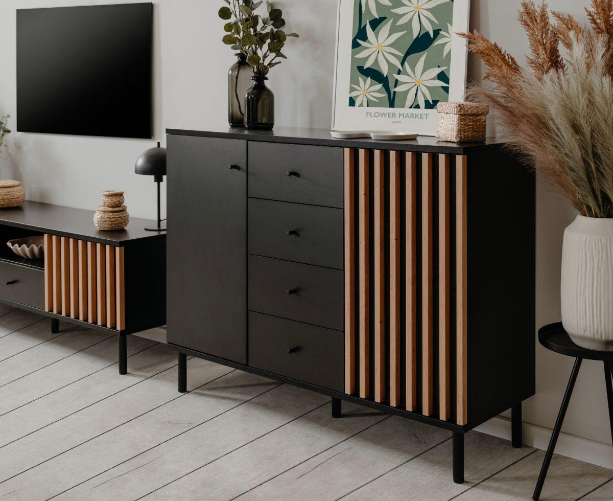 KOMMODE schwarz, Eiche Artisan 118, Sideboard mit viel Stauraum - Schwarz/Eiche Artisan, Holzwerkstoff/Metall (118/90/40cm) - Furn.Design