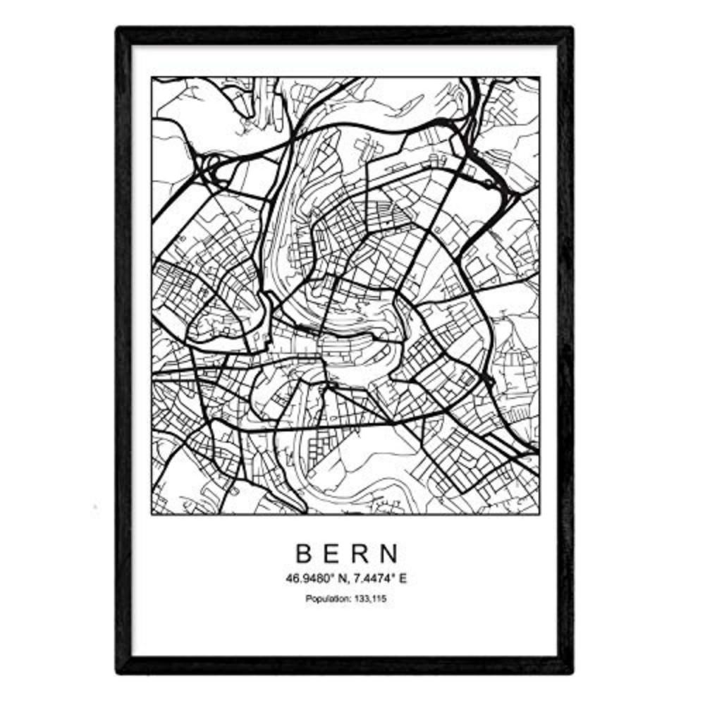 POSTER Bern Stadtkarte – Nordisch A4 Schwarzer Rahmen - Schwarz, Papier (29.7/5/21cm) - Nacnic