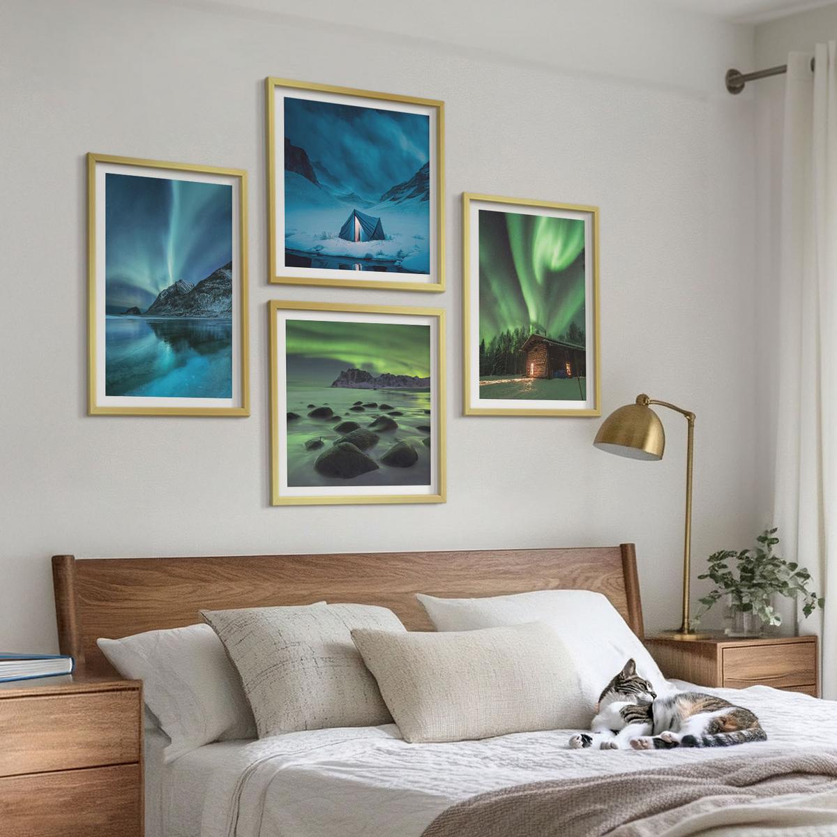BILDER SET 4er Set - 50x50 cm & 40x60 cm Goldrahmen - Winterlandschaften, Nordlichter, Berge - Goldfarben, Kunststoff (50/50cm) - TULUP