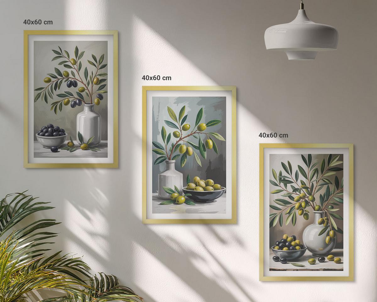 BILDER SET 3er Set - 40x60 cm Goldrahmen - Keramik olivgrau - Goldfarben, Kunststoff (40/60cm) - TULUP