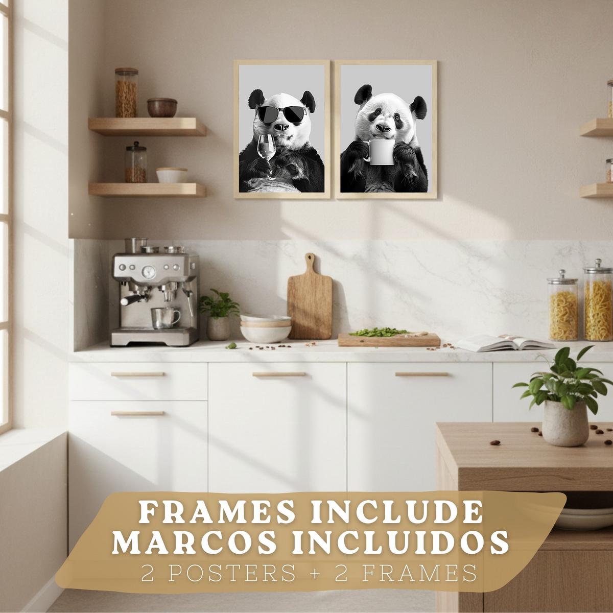 POSTER 2er Set Lustige Panda-Wandbilder Schwarz Weiß Tier Weinglas und Kaffeetasse Küche Wanddeko Rahmenlos A4 - Beige, Papier (29.7/1/21cm) - Nacnic