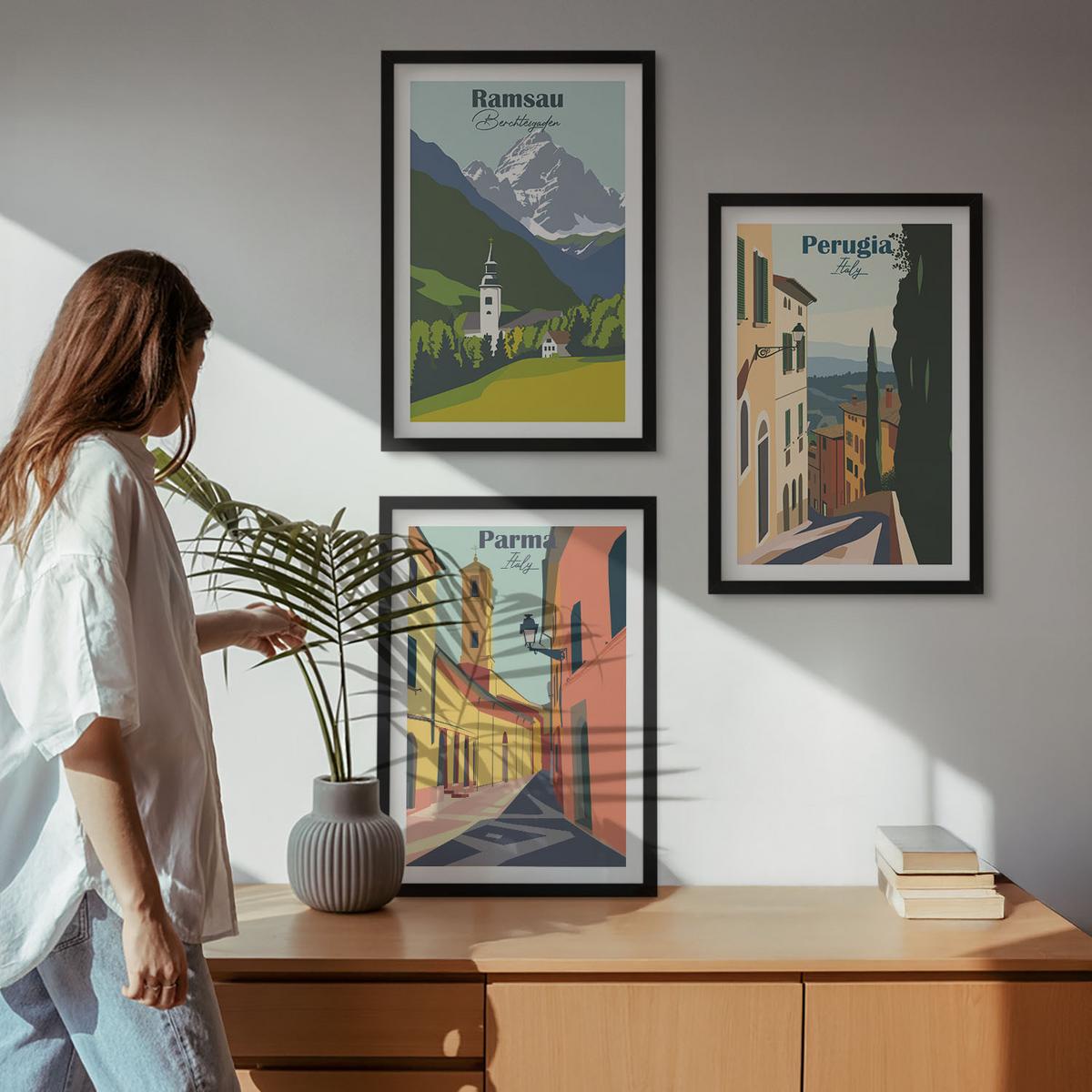 BILDER SET 3er Set - 40x60 cm Schwarzer Rahmen - Berglandschaften und Italien - Schwarz, Kunststoff (40/60cm) - TULUP
