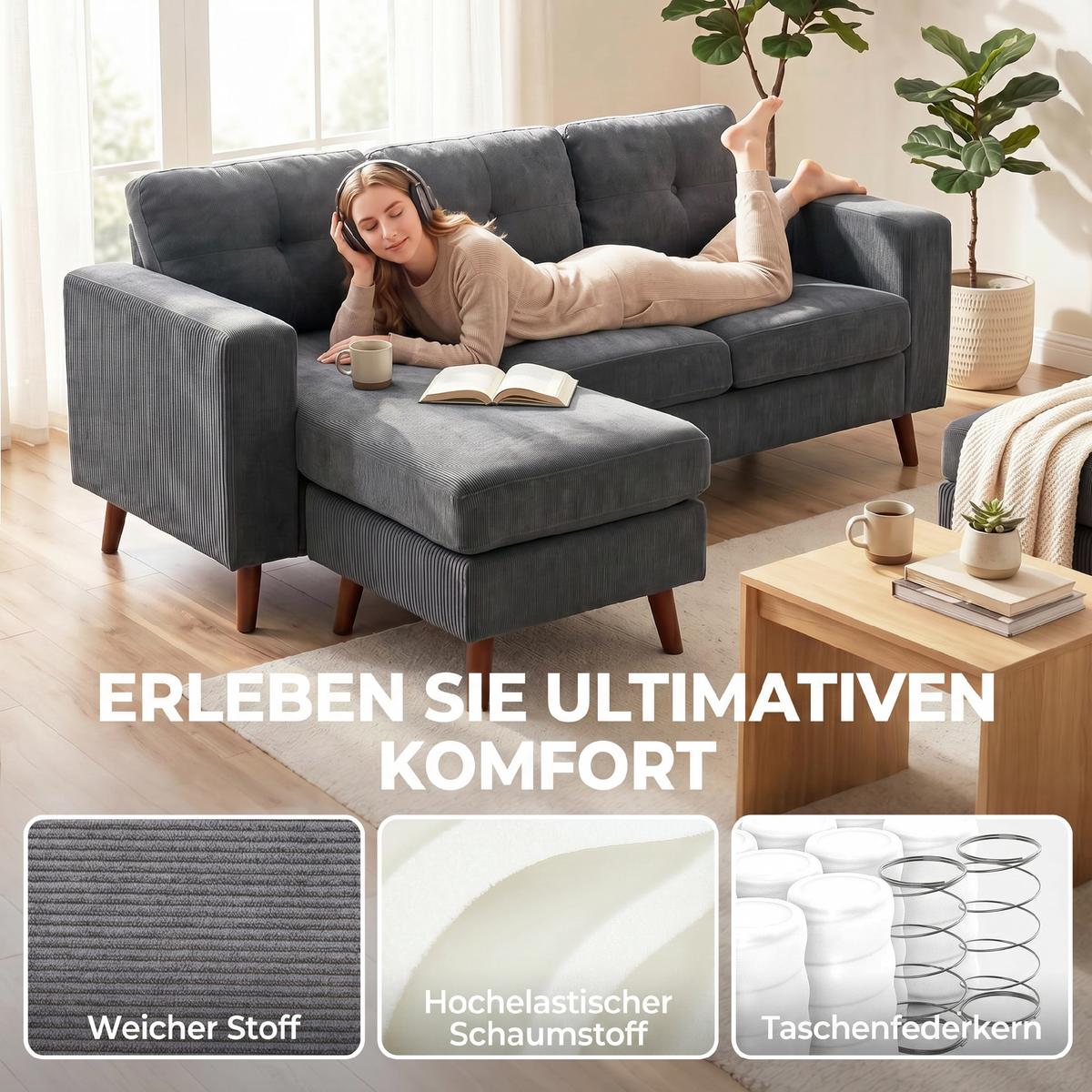 ECKSOFA Polyester Dunkelgrau - Dunkelgrau/Schwarz, Holzwerkstoff/Kunststoff (137/192cm) - HOMCOM