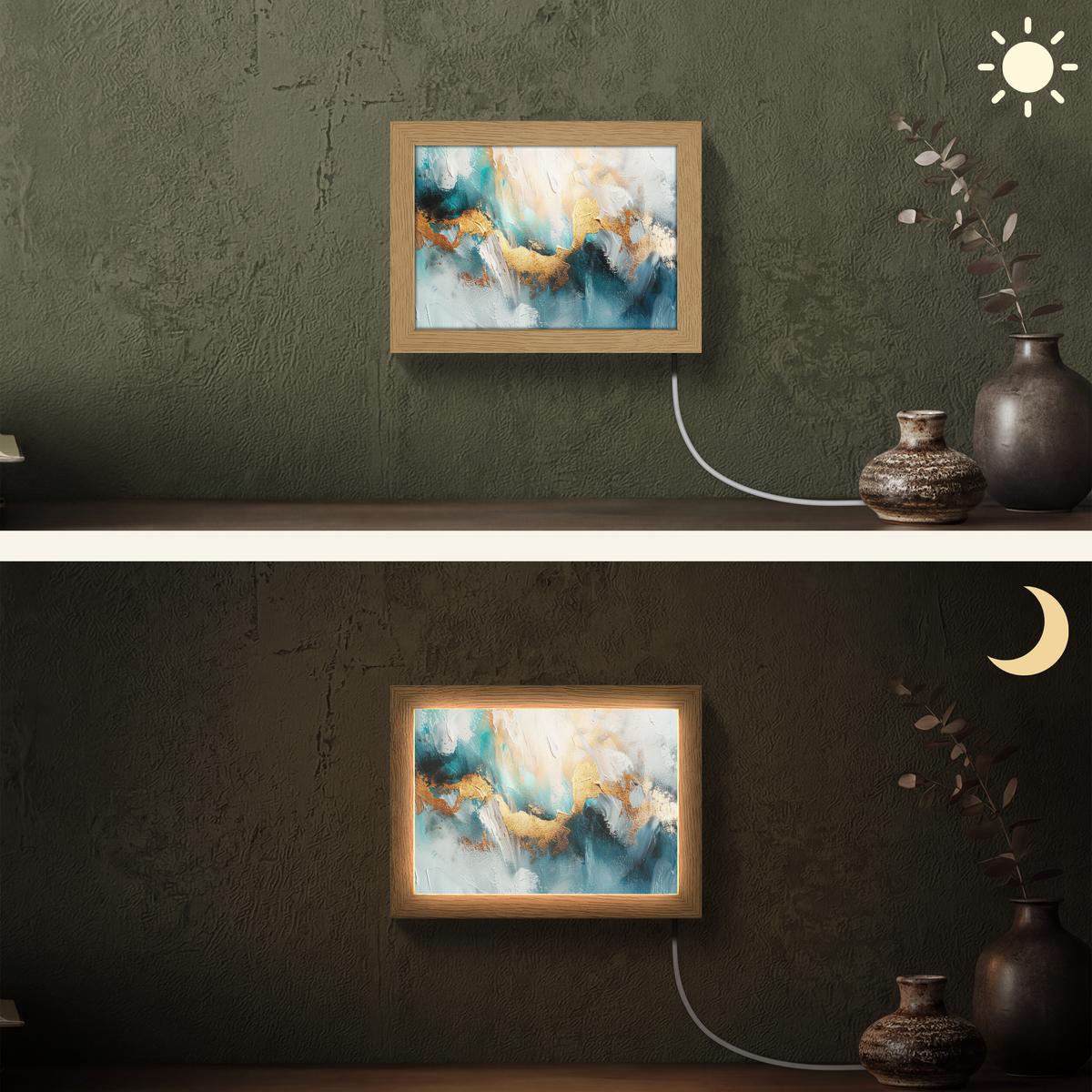 WANDLEUCHTE Abstrakt - Kunst - Gold - Blau 20x15 cm - Türkis, Holzwerkstoff (20/15/8cm) - OnlyWow