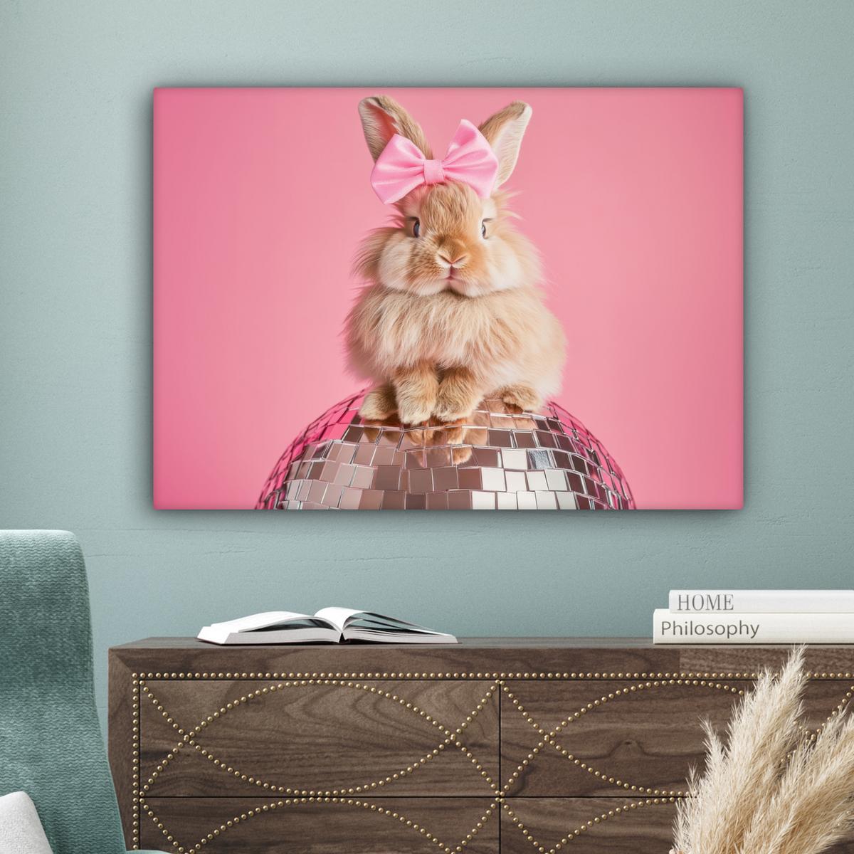 LEINWANDBILD Schleife - Discoball - Kaninchen Wandbilder 80x60 cm - Pink, Textil (80/60cm) - MuchoWow