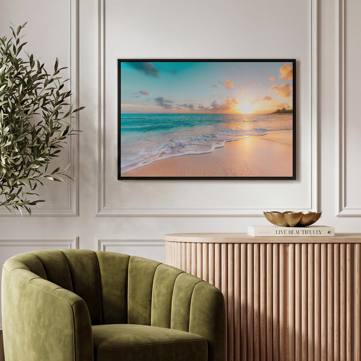 LEINWAND Bilder mit Rahmen - Sonnenuntergang - Strand - Meer - Sommer - Blau - 60x40 - Multicolor, Textil (60/40cm) - MuchoWow