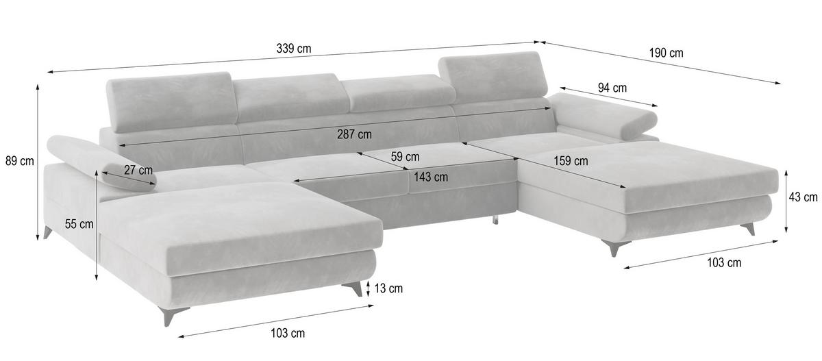 WOHNLANDSCHAFT DETTI Grau Velours-Stoff mit Schlaffunktion - Grau, Holz (339/89/190cm) - MASSENO