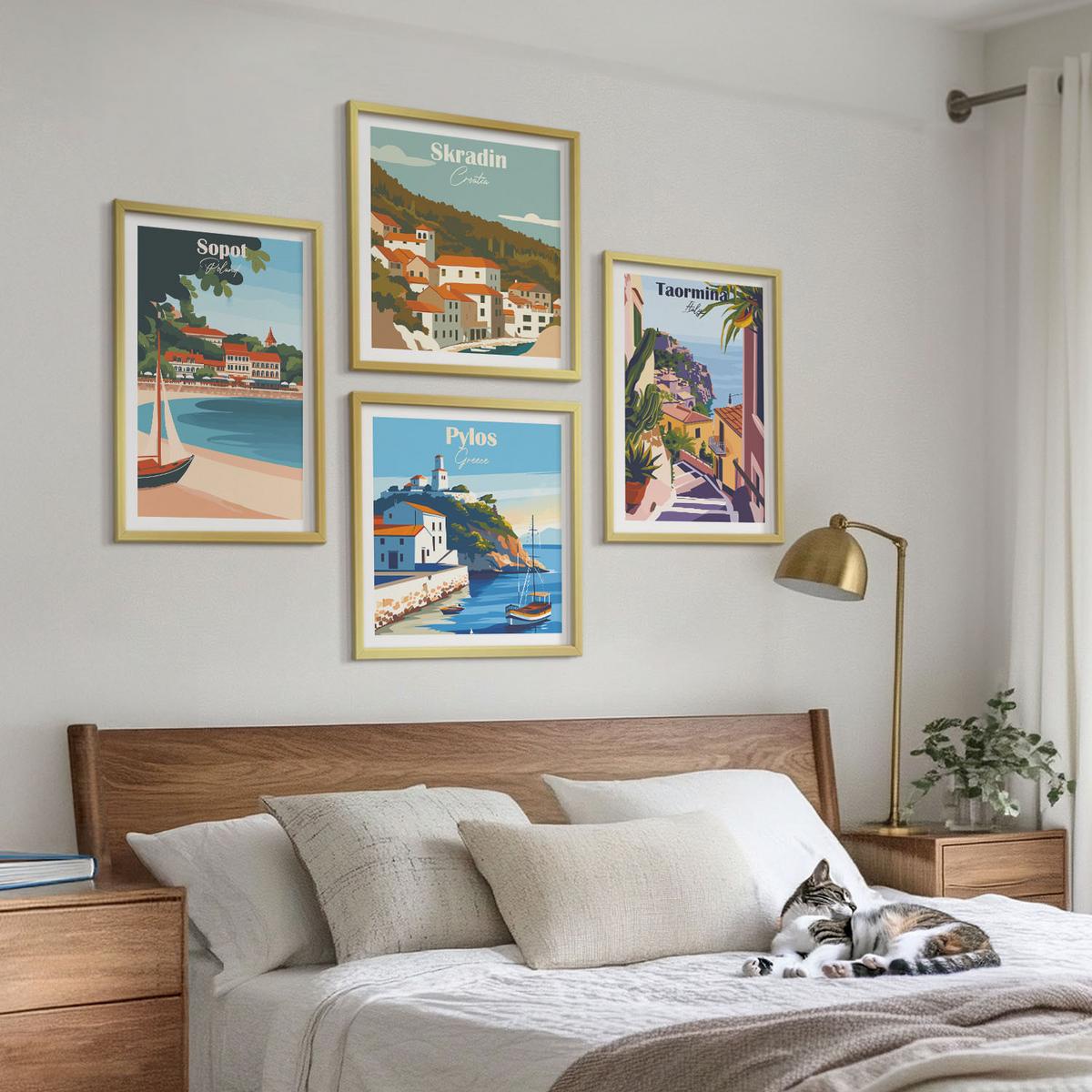 BILDER SET 4er Set - 50x50 cm & 40x60 cm Goldrahmen - Illustrationen von Küstenstädten - Goldfarben, Kunststoff (50/50cm) - TULUP