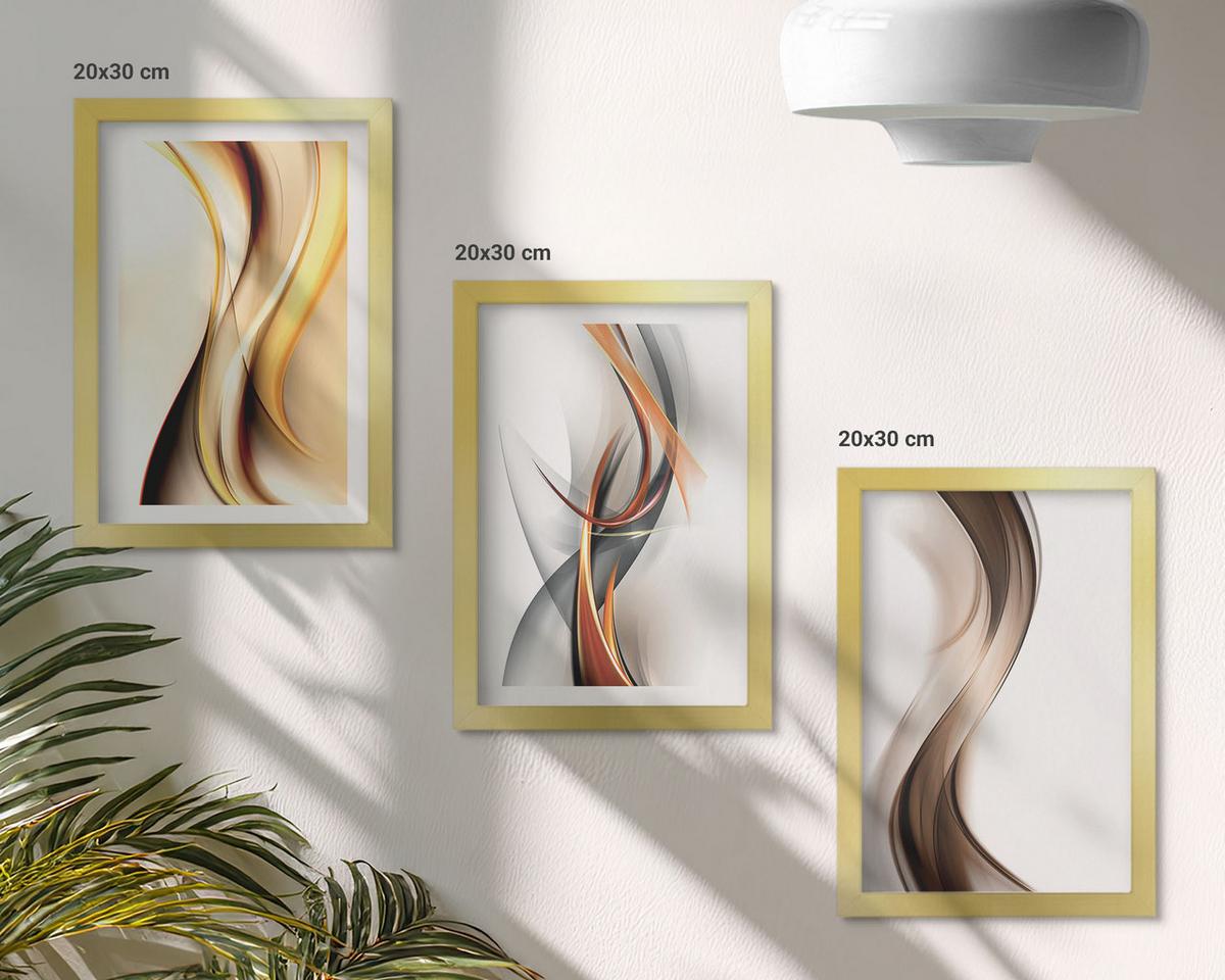 BILDER SET 3er Set - 20x30 cm Goldrahmen - Gelbgrau-braune Wellen - Goldfarben, Kunststoff (20/30cm) - TULUP