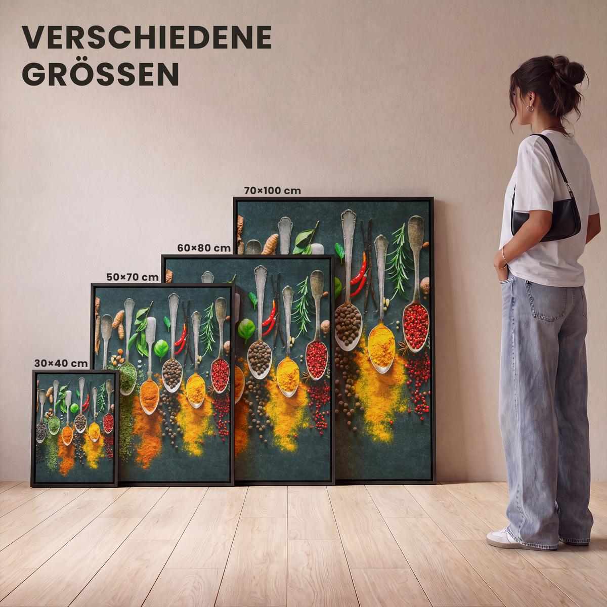 LEINWAND Bilder mit Rahmen - Kräuter - Gewürze - Löffel - 30x40 - Currygelb, Textil (30/40cm) - MuchoWow