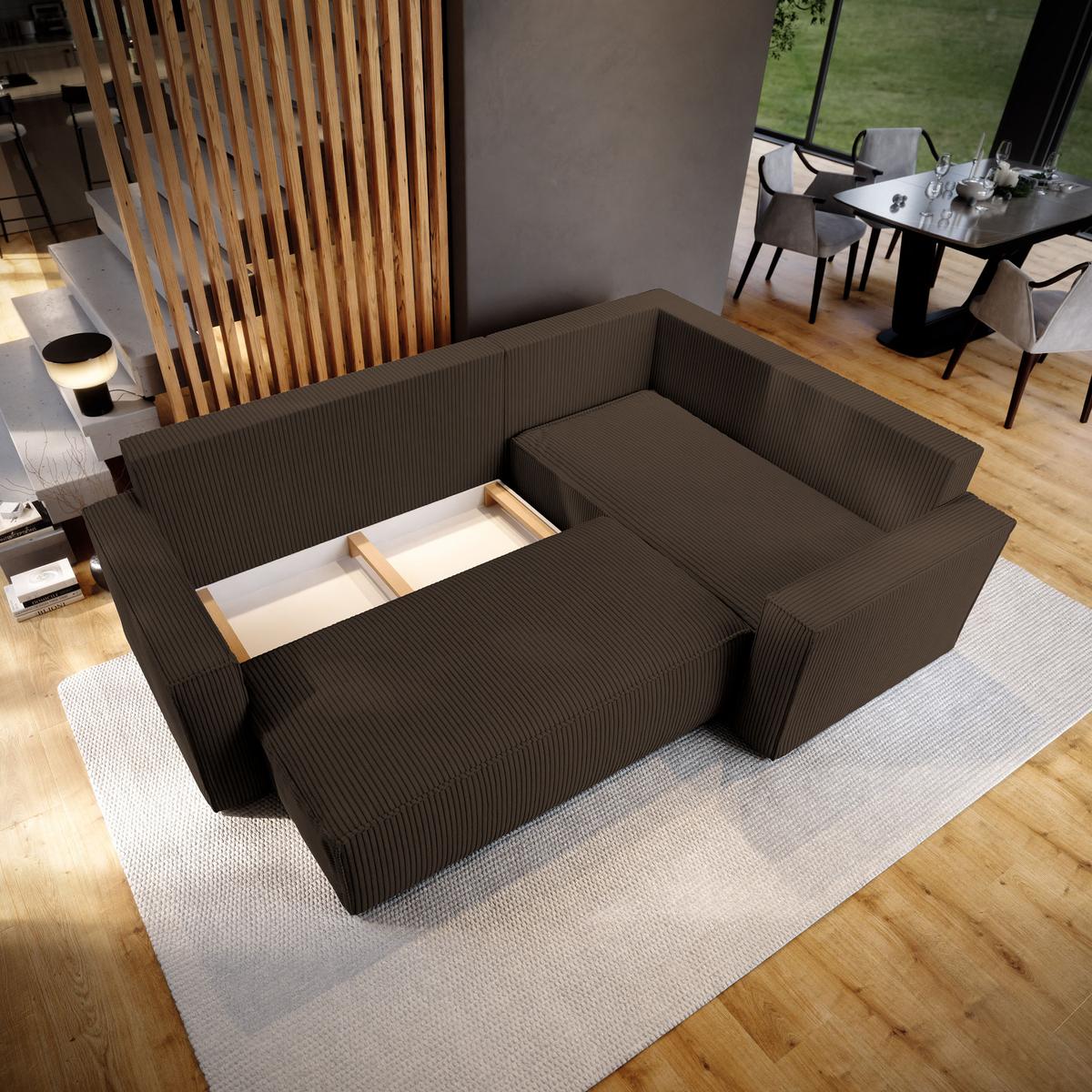 ECKSOFA ESTANO R-S Braun Kordstoff mit Schlaffunktion - Braun, Holz (230/158cm) - MASSENO
