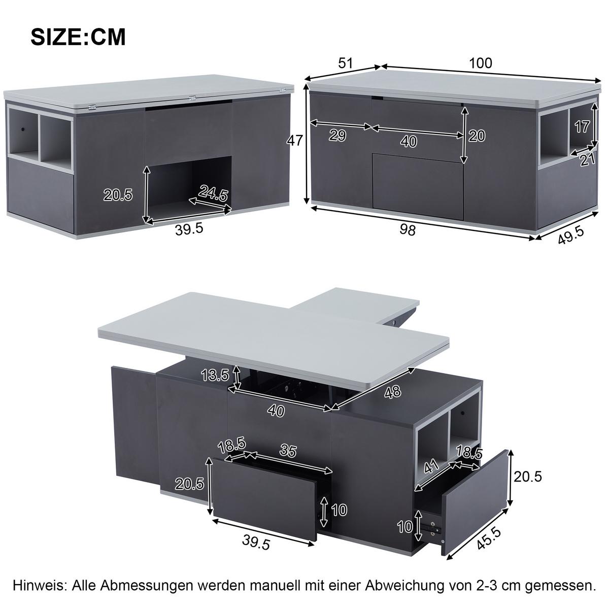 COUCHTISCH Grau Mit Lift-Top-Funktion & multifunktionalem Stauraum - Grau, Holzwerkstoff (51/100/47cm) - Urban Meuble