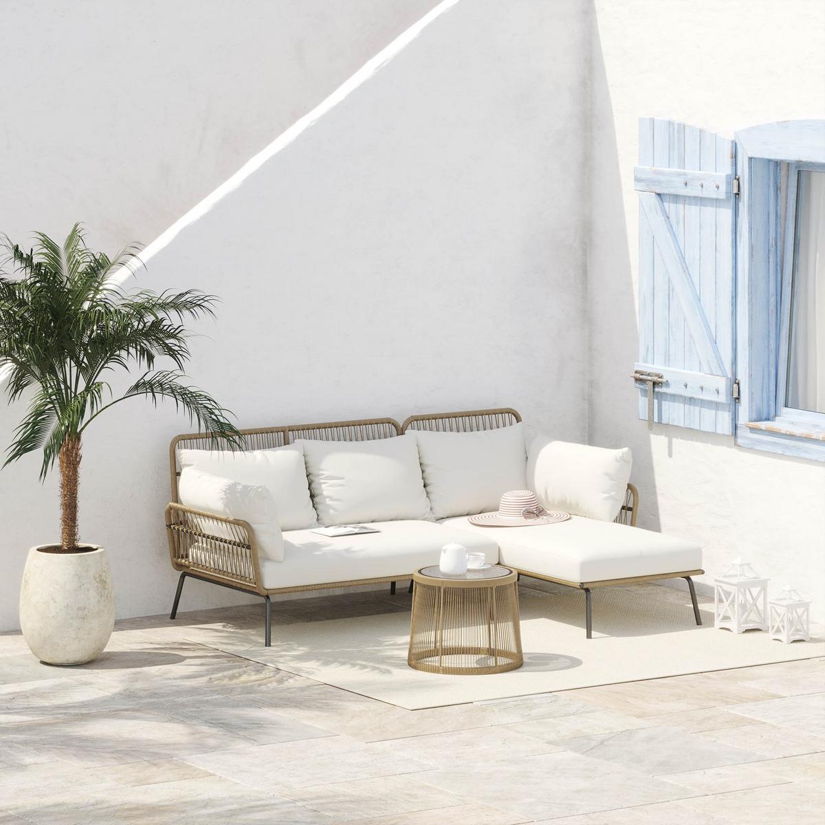 GARTENMÖBEL-SET mit Kissen, mit 1 Beistelltisch, für Garten, Terrasse, Stahl, Kaffee - Creme, Kunststoff - Outsunny