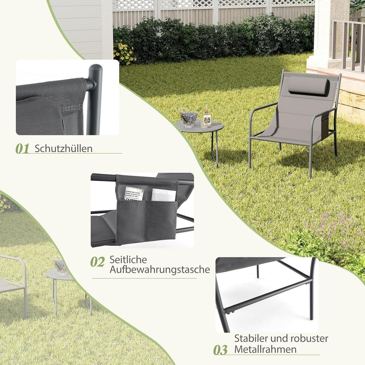 GARTENMÖBEL Set Grau(3-teilig) - Grau, Metall - COSTWAY