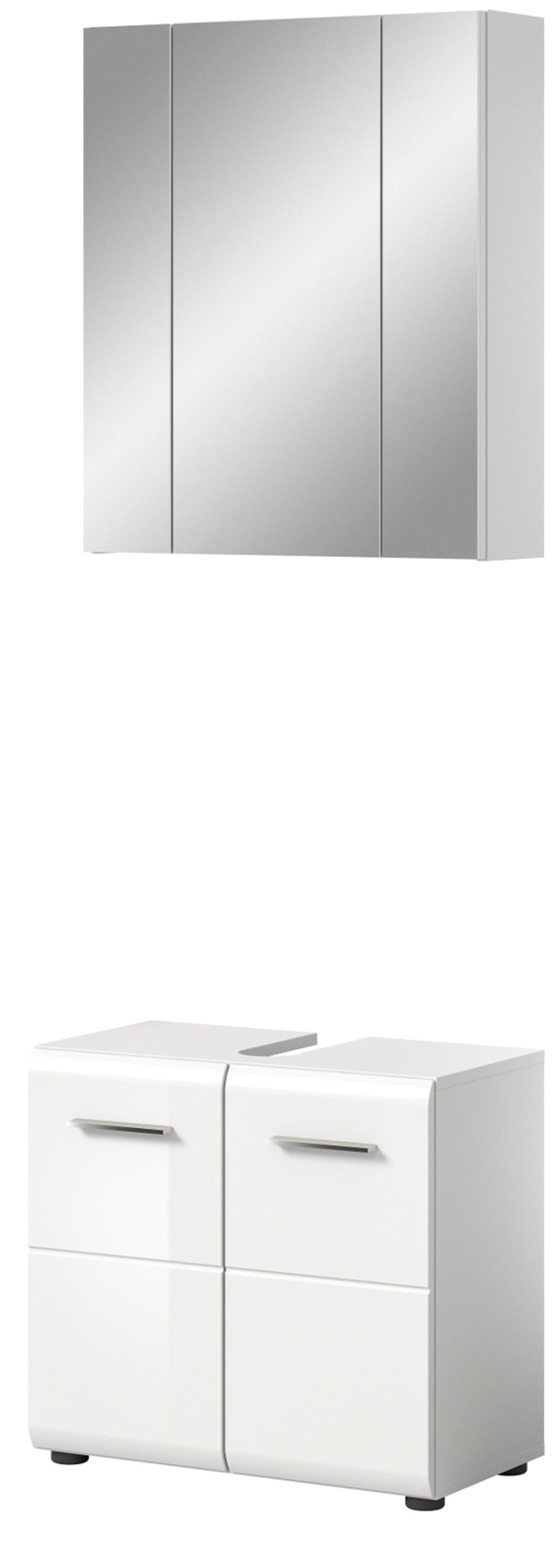 BADMÖBEL-SET weiß Hochglanz 2-teilig, Badkombination 60 cm - Weiß Hochglanz/Silberfarben, Glas/Holzwerkstoff (60/185/30cm) - Inn.Furn