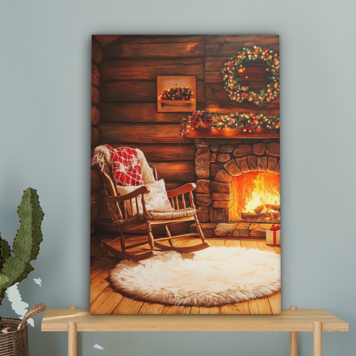 LEINWANDBILD Winter - Weihnachten - Zuhause - Kamin Wanddeko Schlafzimmer 60x90 cm - Bernsteinfarben, Textil (60/90cm) - MuchoWow