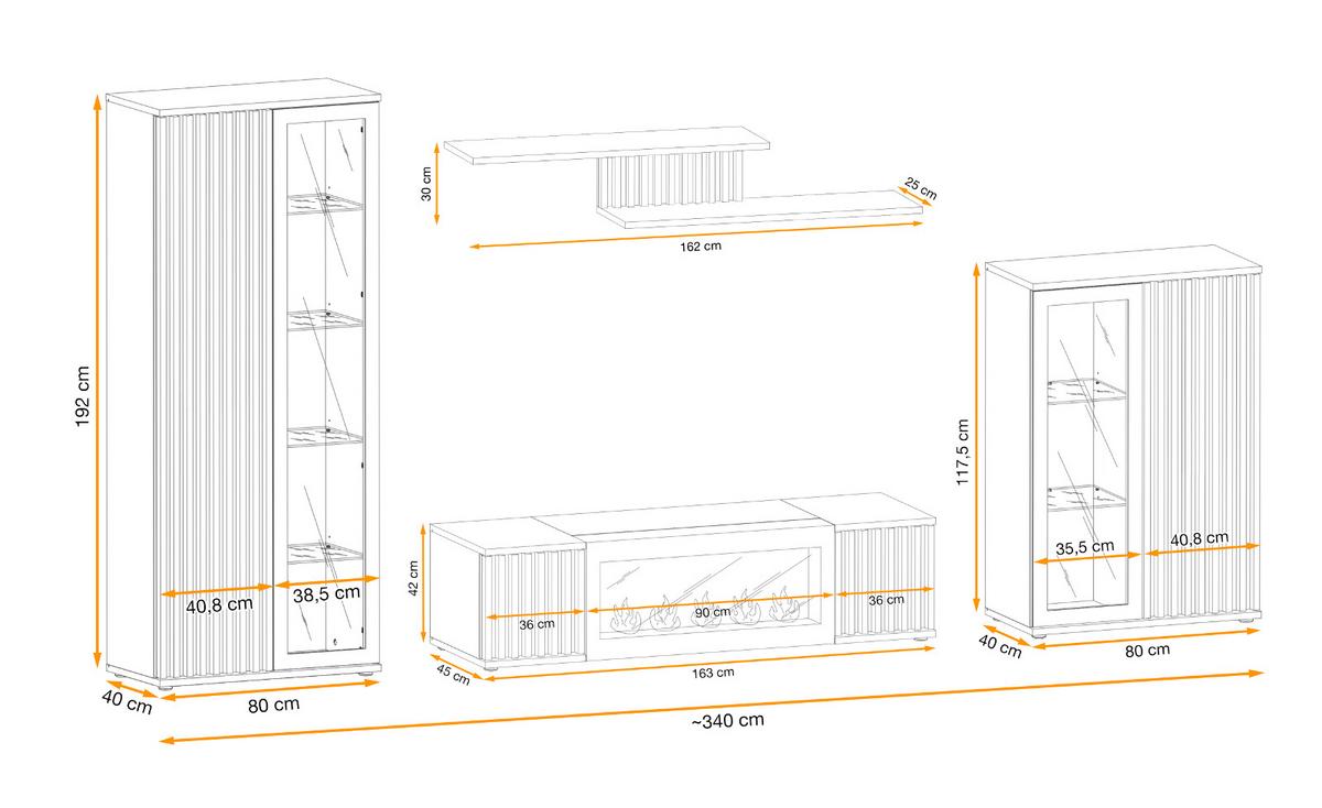 WOHNWAND schwarz, Eiche Jackson 353 cm, Schrankwand mit Kamin - Eichefarben/Schwarz, Glas/Holzwerkstoff (340/192/45cm) - Furn.Design