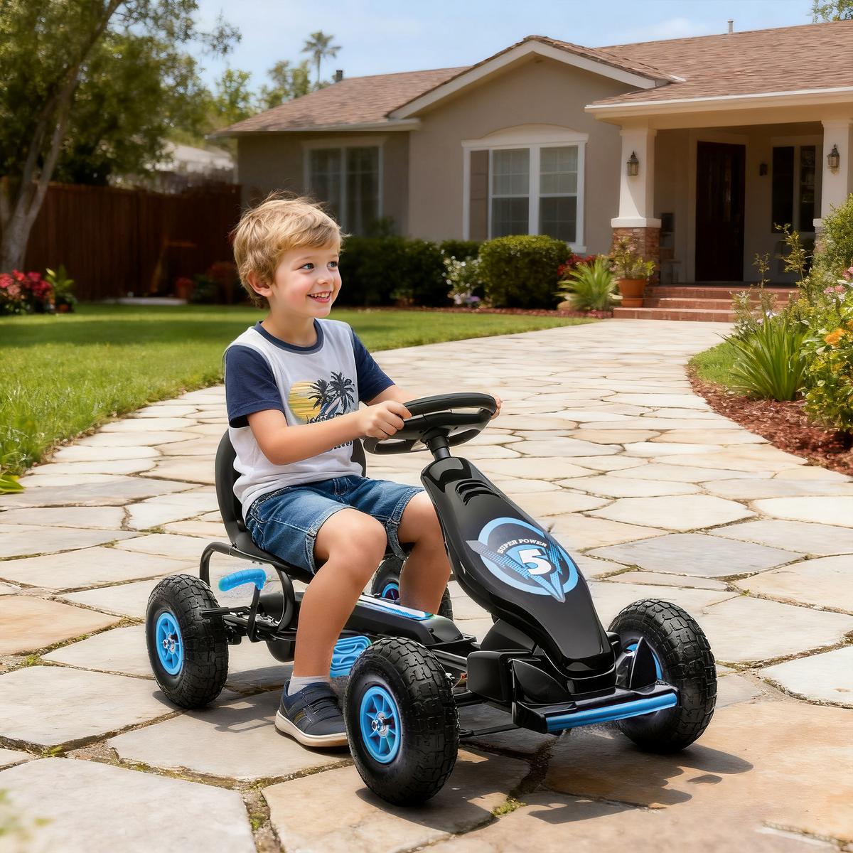 GOKART, Kinderfahrzeug mit verstellbarem Schalensitz, Tretauto, Grün+Schwarz - Blau, Metall (121/58/61cm) - HOMCOM